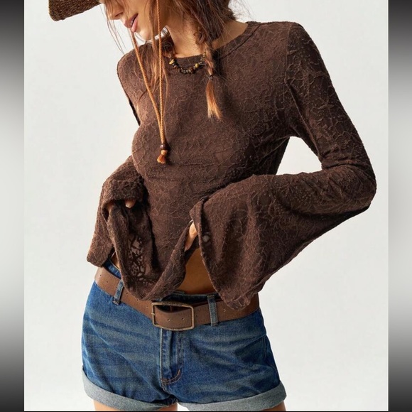 Boho brown lace patchwork bell sleeve top - Picture 1 of 16